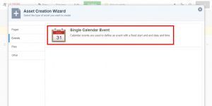 screen capture of asset creation wizard, create single calendar event