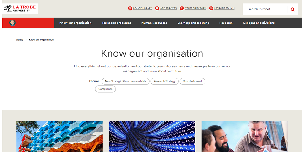 screen capture of La Trobe's intranet website