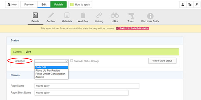 screen capture CMS change asset status