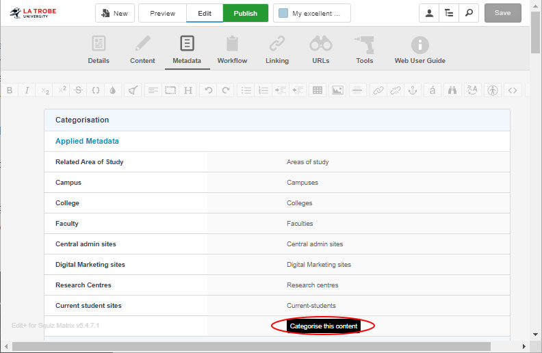 CMS screenshot 'categorise this content' button highlighted