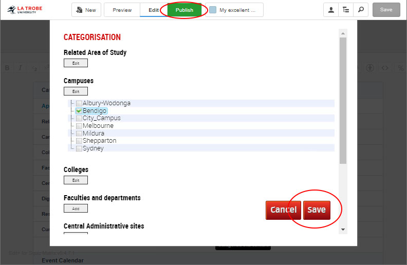 CMS screenshot, save and publish event categorisation