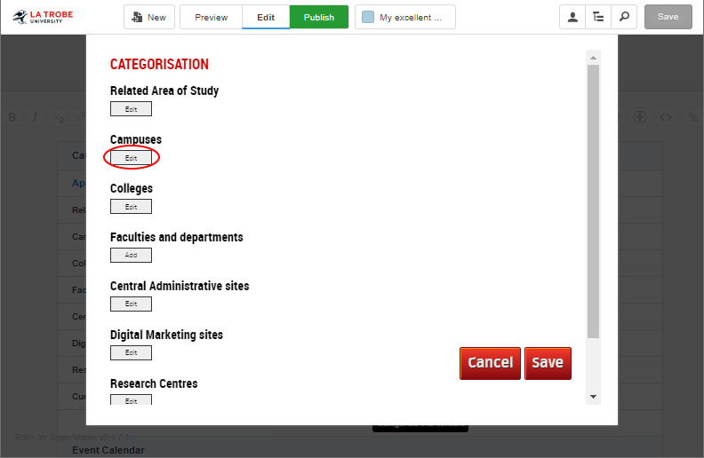 CMS screenshot, select event categorisation