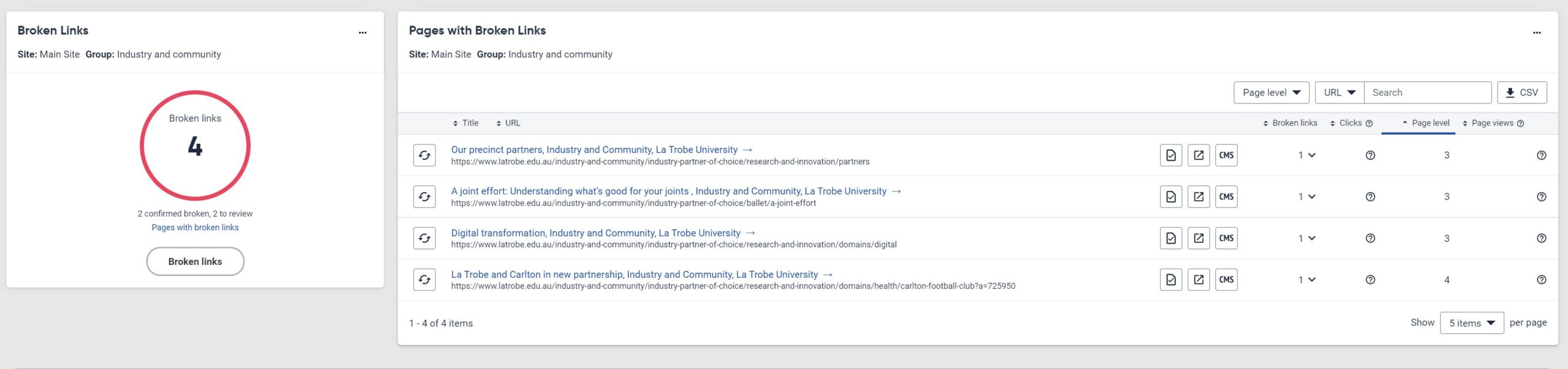 Broken link section of a Siteimprove dashboard