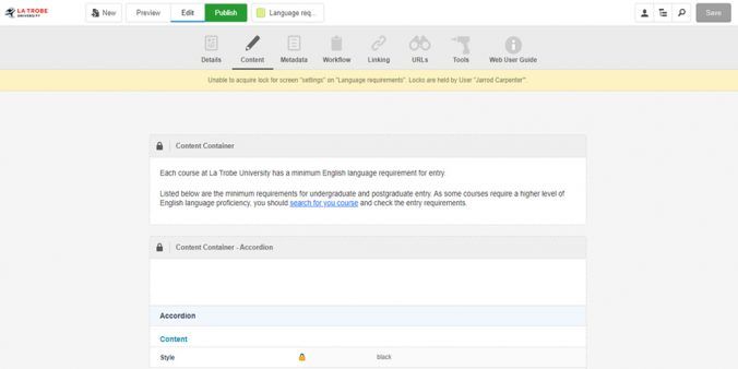 Screen capture of a page locked by another user