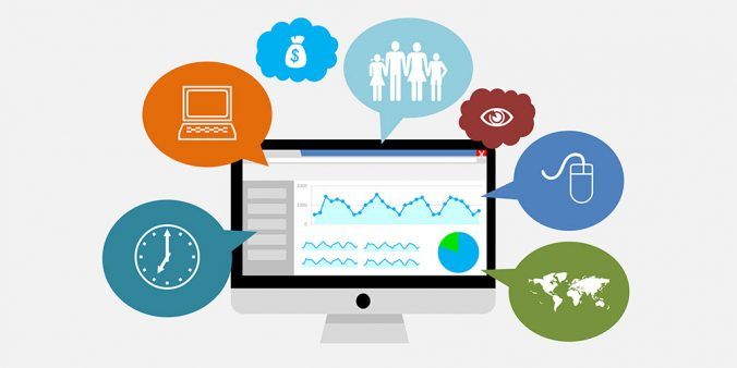 Illustration of an analytics dashboard with speech bubble annotations.