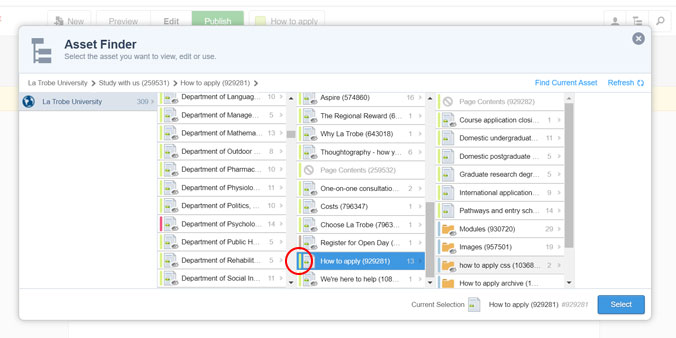 screen capture CMS asset finder current status