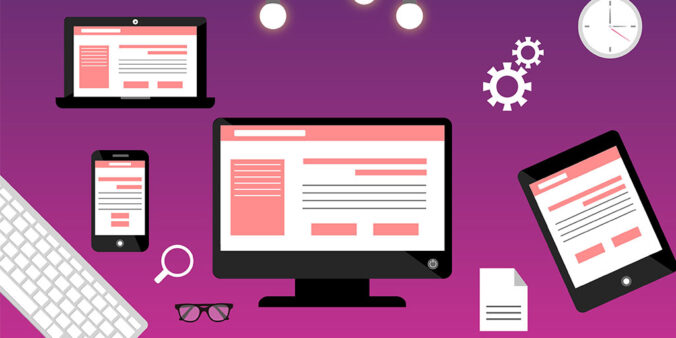Illustration: a web design featuring on multiple devices: laptop, mobile, desktop, tablet