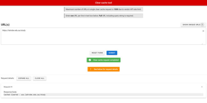 Screenshot of the updated clear cache tool