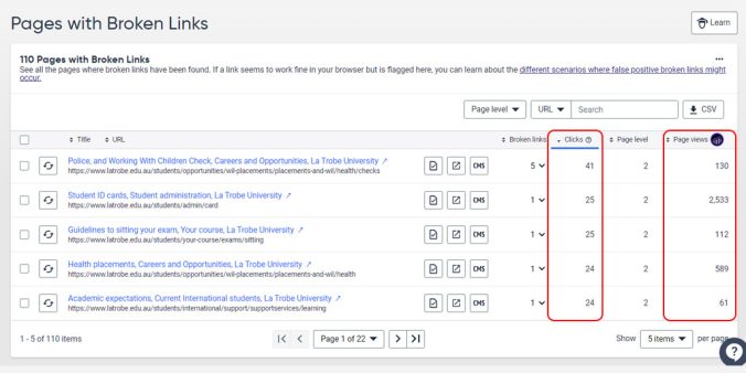 screen capture of a broken links dashboard.